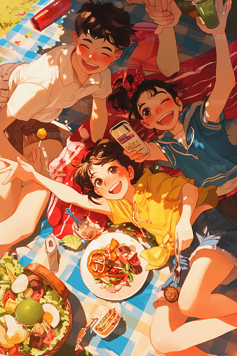 夏日聚会发小手绘插画