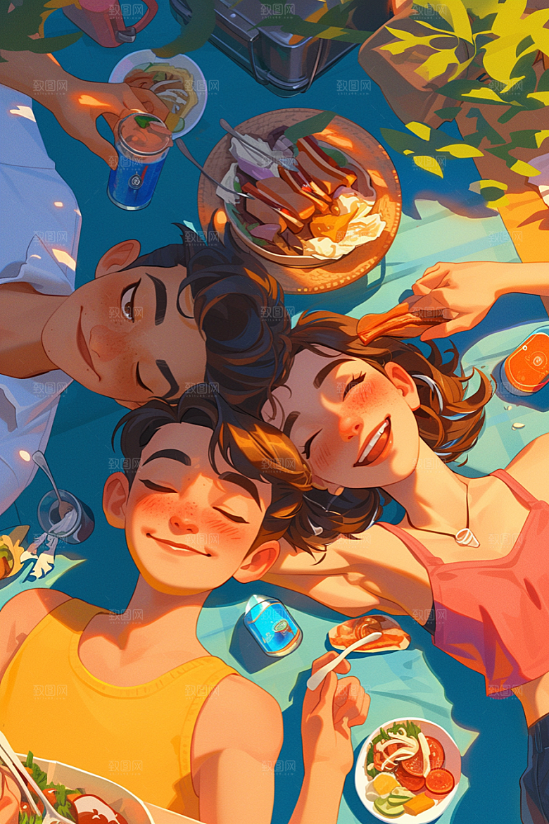 夏日聚会自拍场景插画
