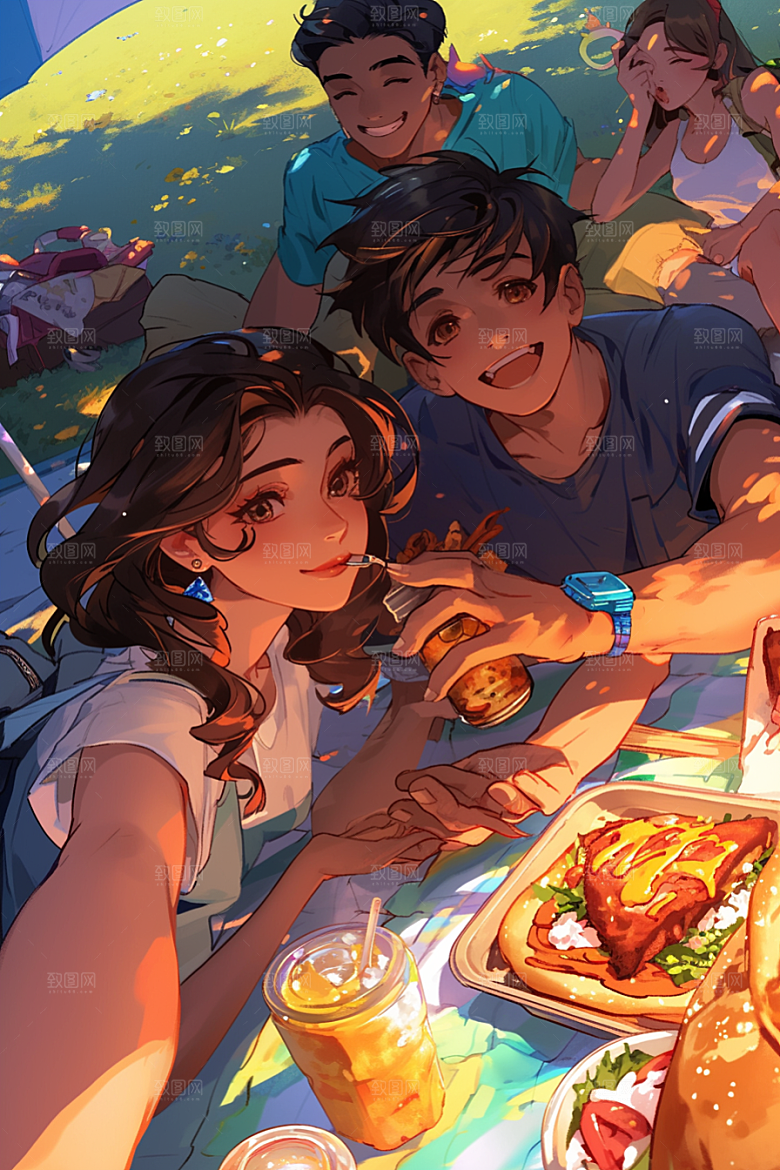夏日聚会发小欢乐插画