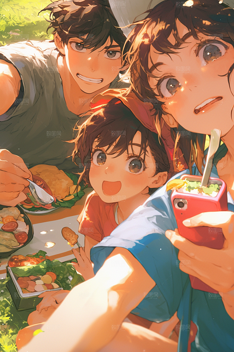 夏日聚会自拍同学插画