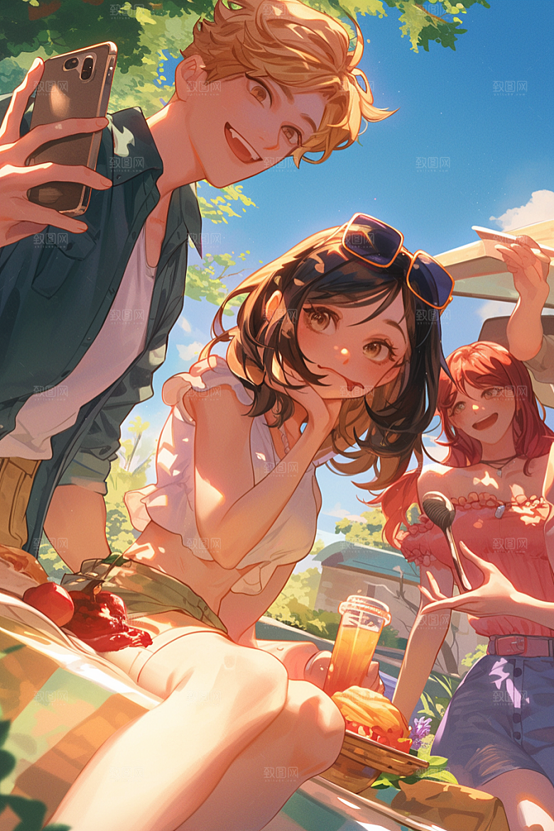 夏日聚会友情漫画风插画