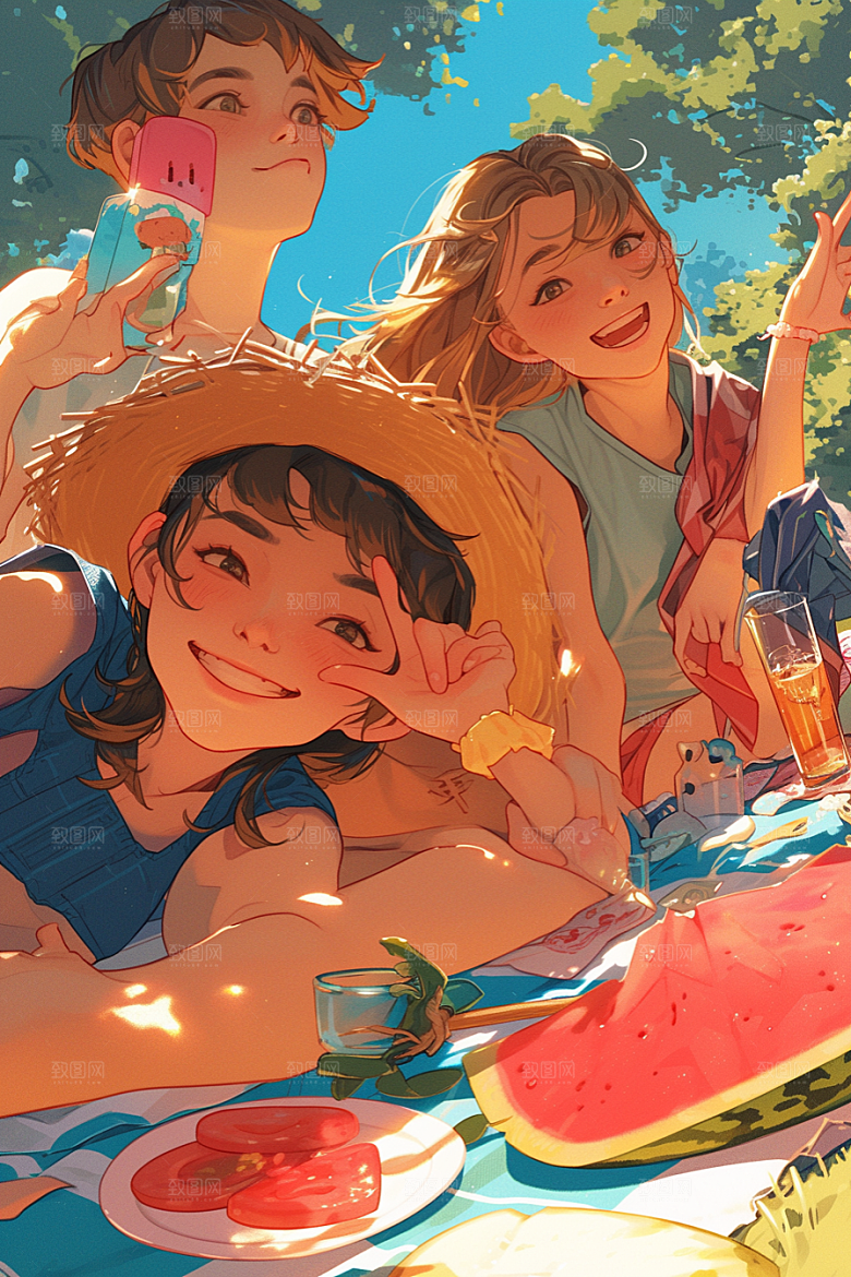 夏日聚会玩耍自拍插画