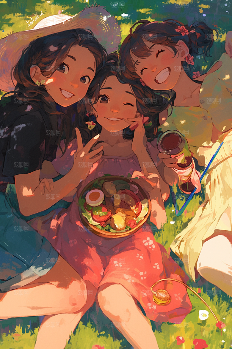 夏日聚会手绘友情插画