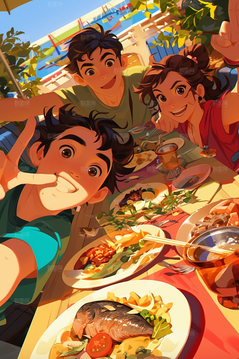夏日聚会同学假日插画