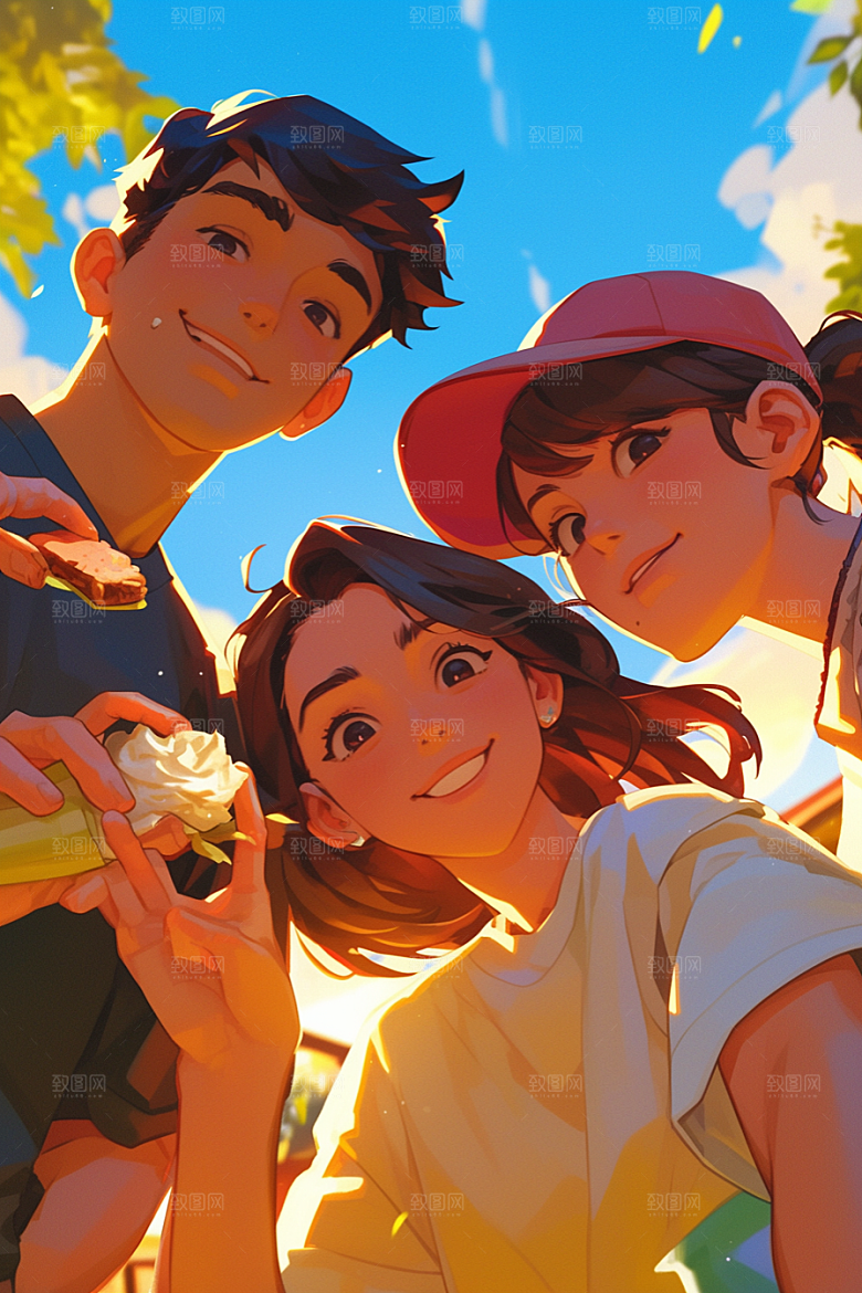 夏日聚会自拍场景插画