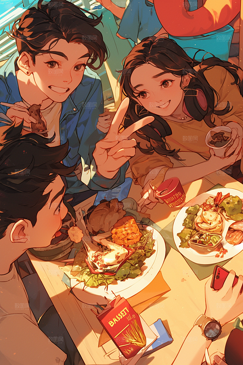 夏日聚会自拍场景插画