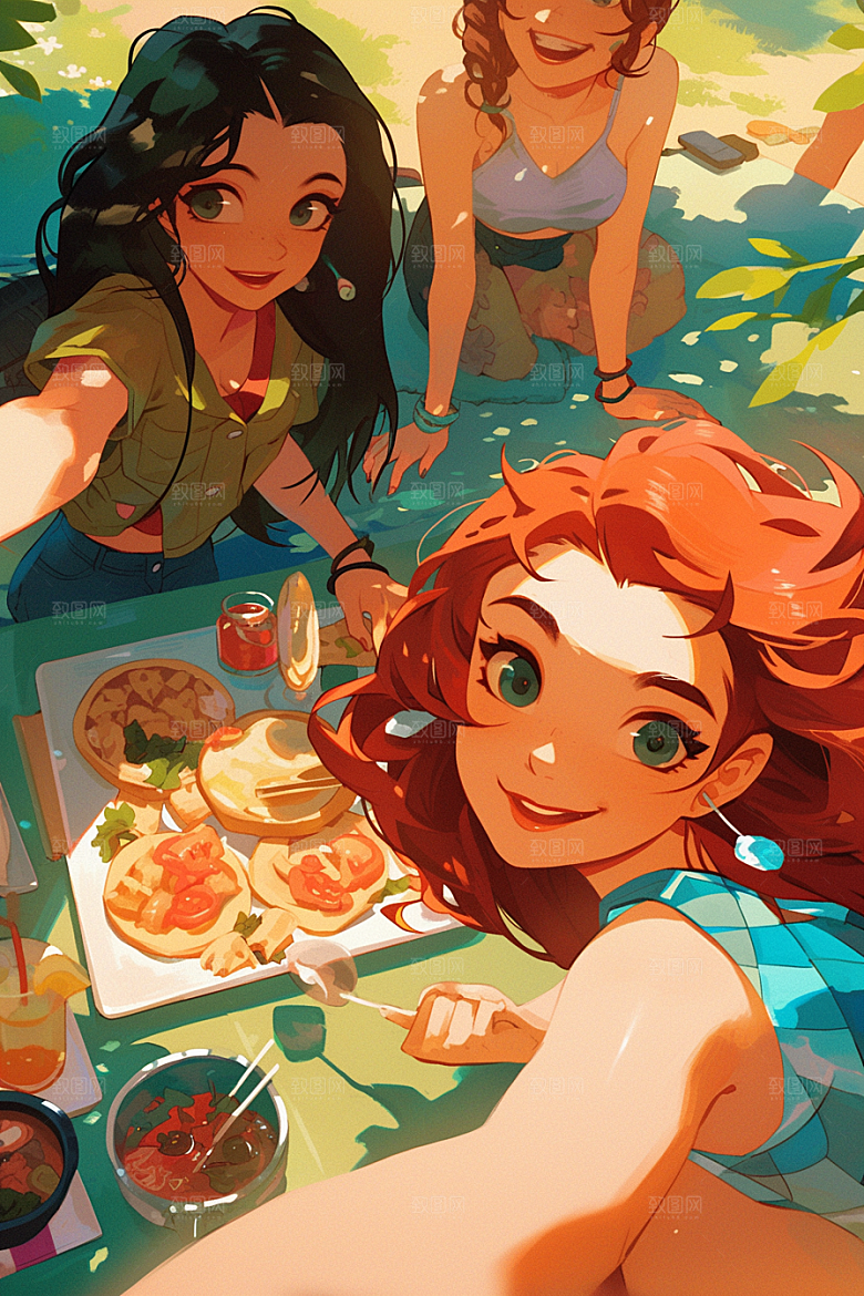 夏日聚会自拍高清插画