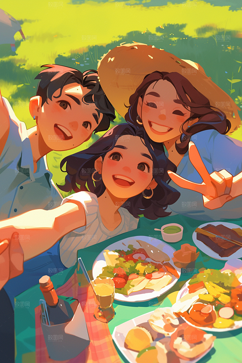 夏日聚会发小漫画风插画