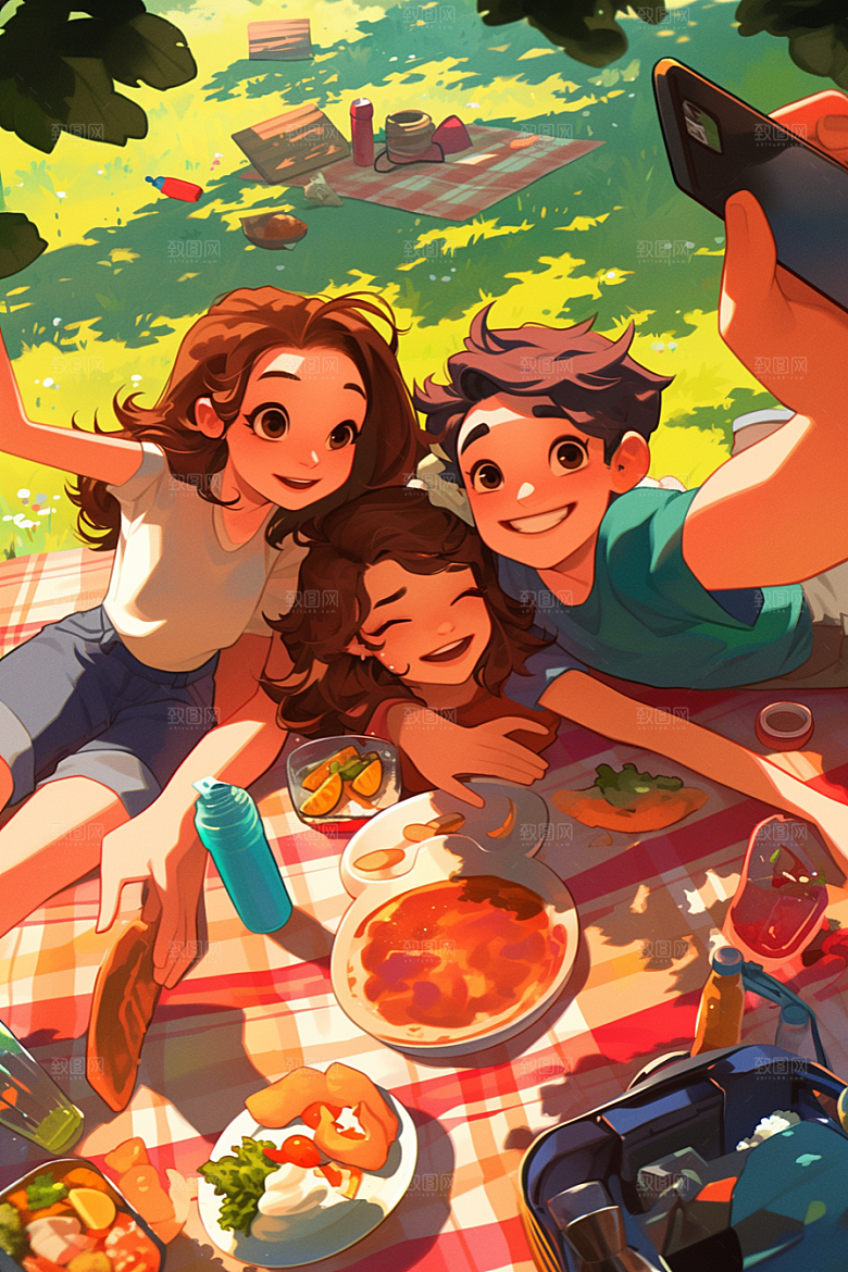 夏日聚会场景自拍插画