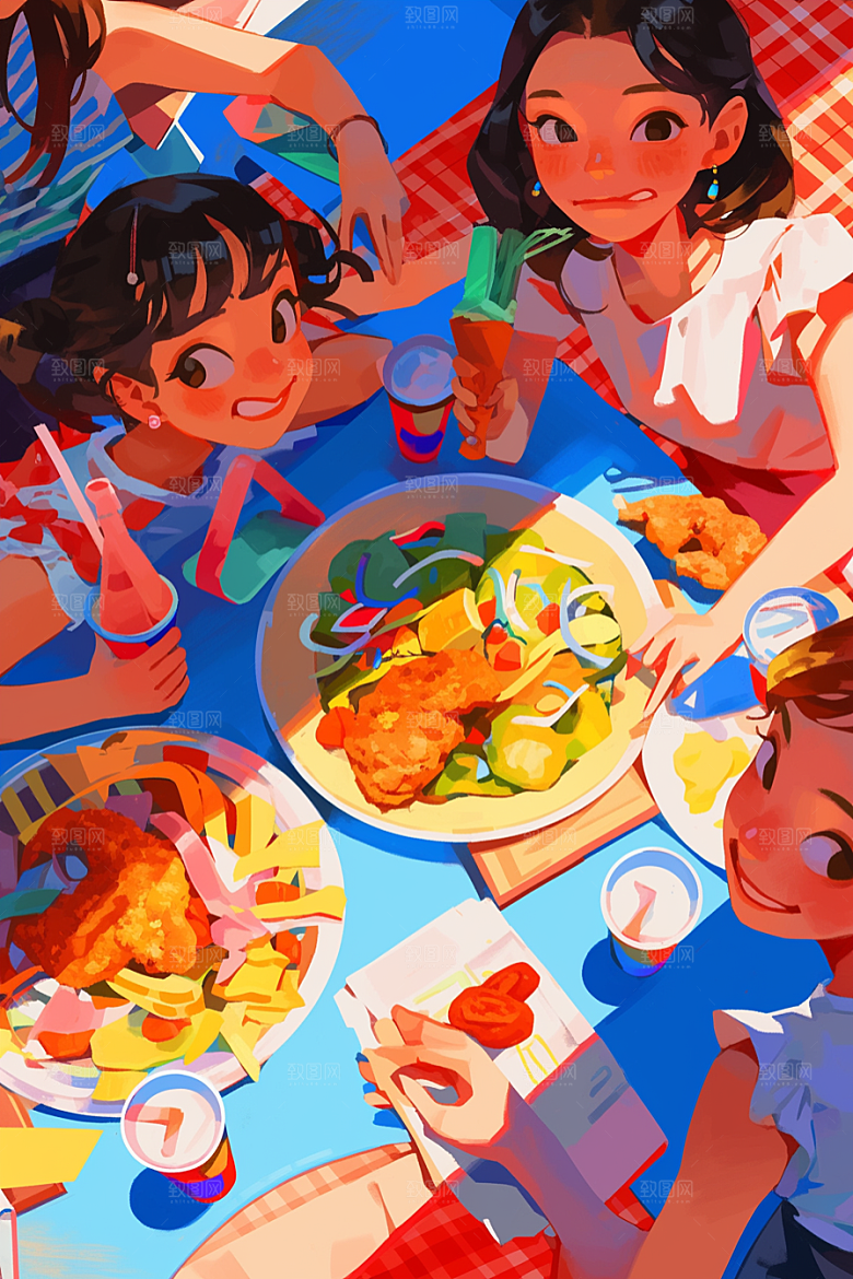 夏日聚会自拍同学插画