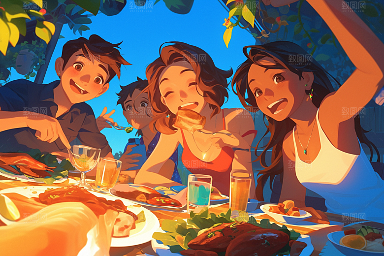 夏日聚会玩耍场景插画