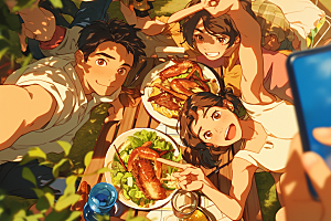 夏日聚会场景漫画风插画