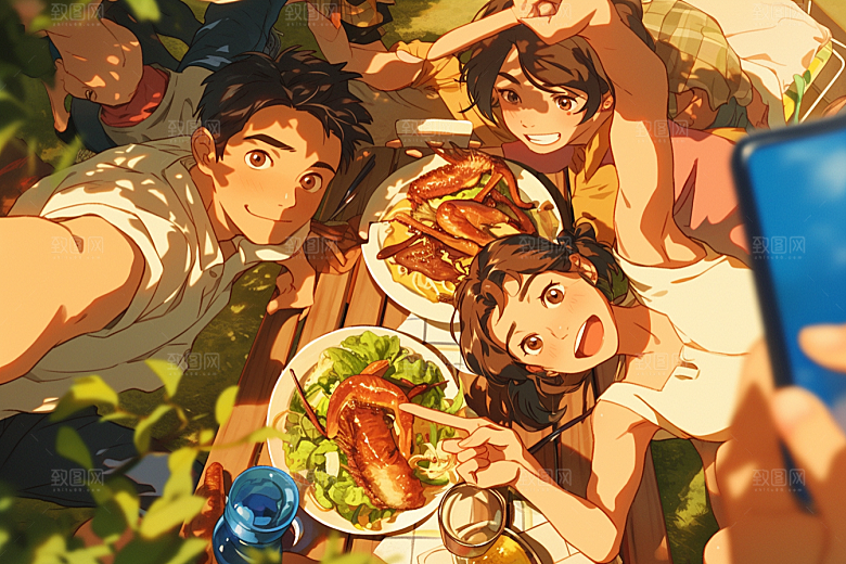 夏日聚会场景漫画风插画