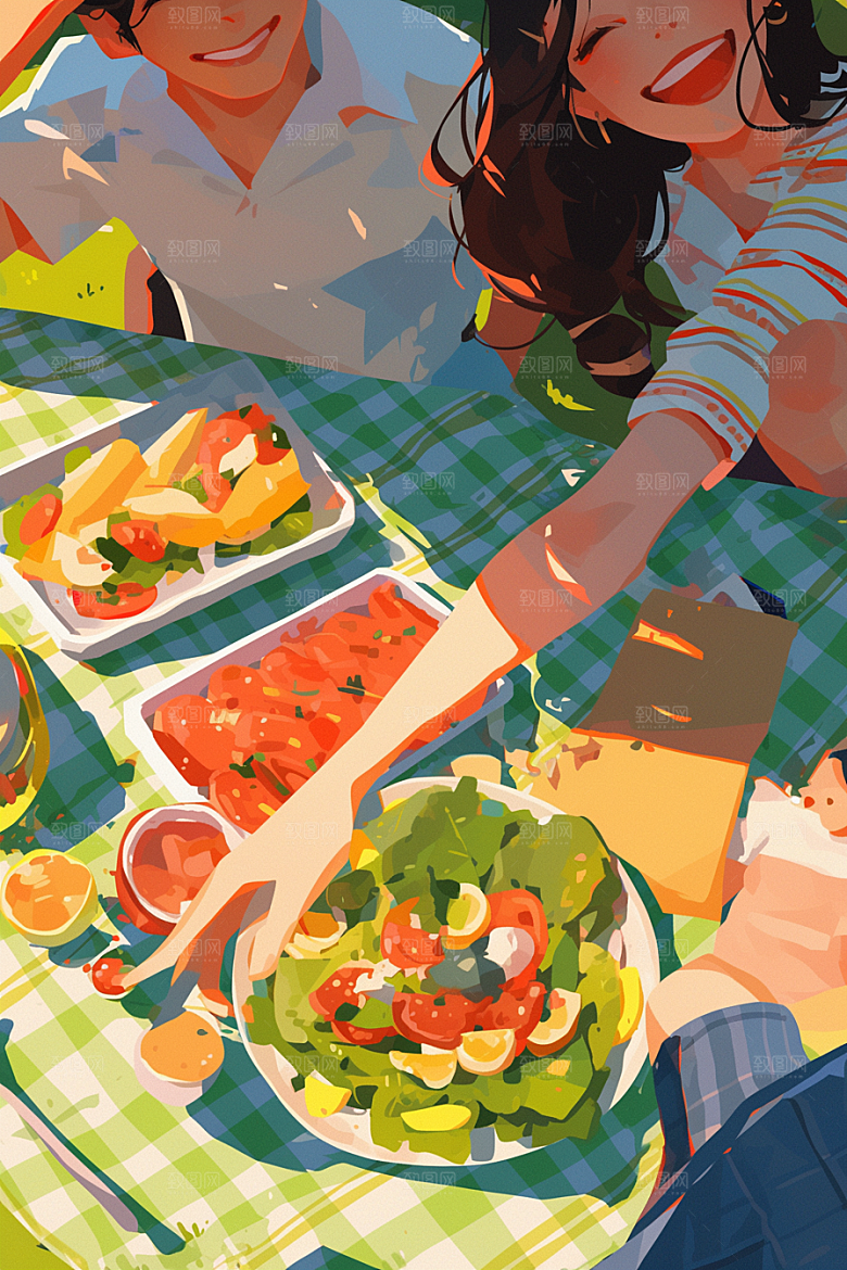 夏日聚会手绘友情插画
