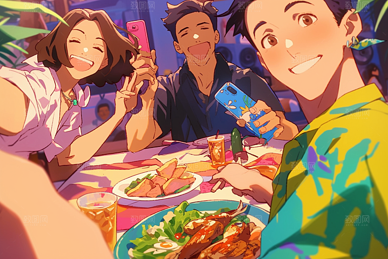 夏日聚会自拍假日插画