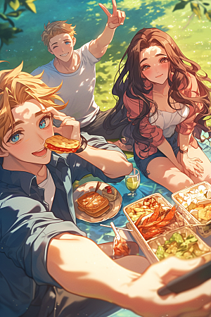 夏日聚会欢乐自拍插画