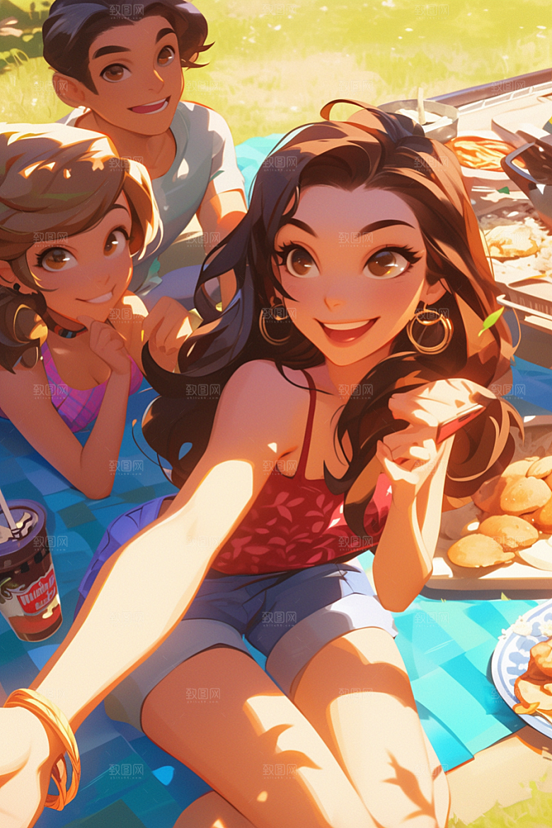 夏日聚会漫画风同学插画