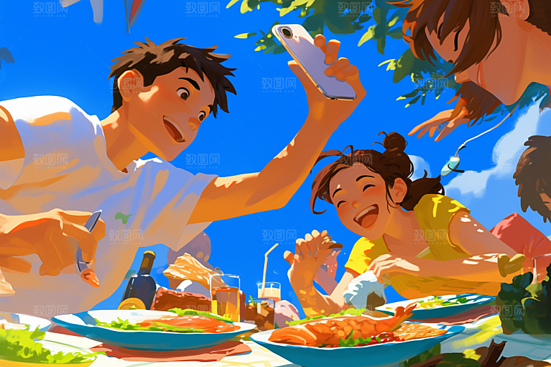夏日聚会场景手绘插画