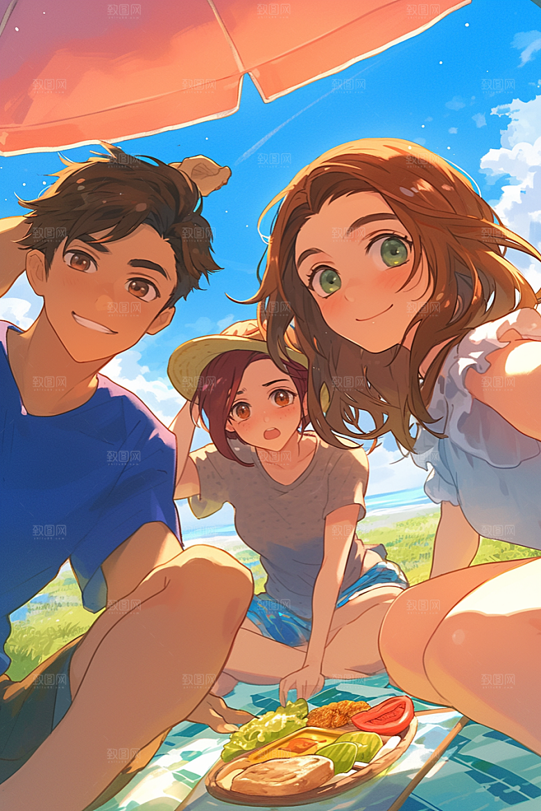 夏日聚会友情漫画风插画