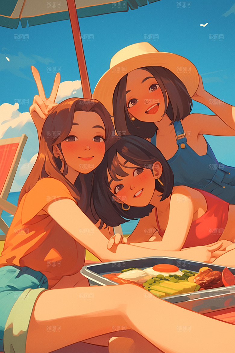夏日聚会发小暑假插画