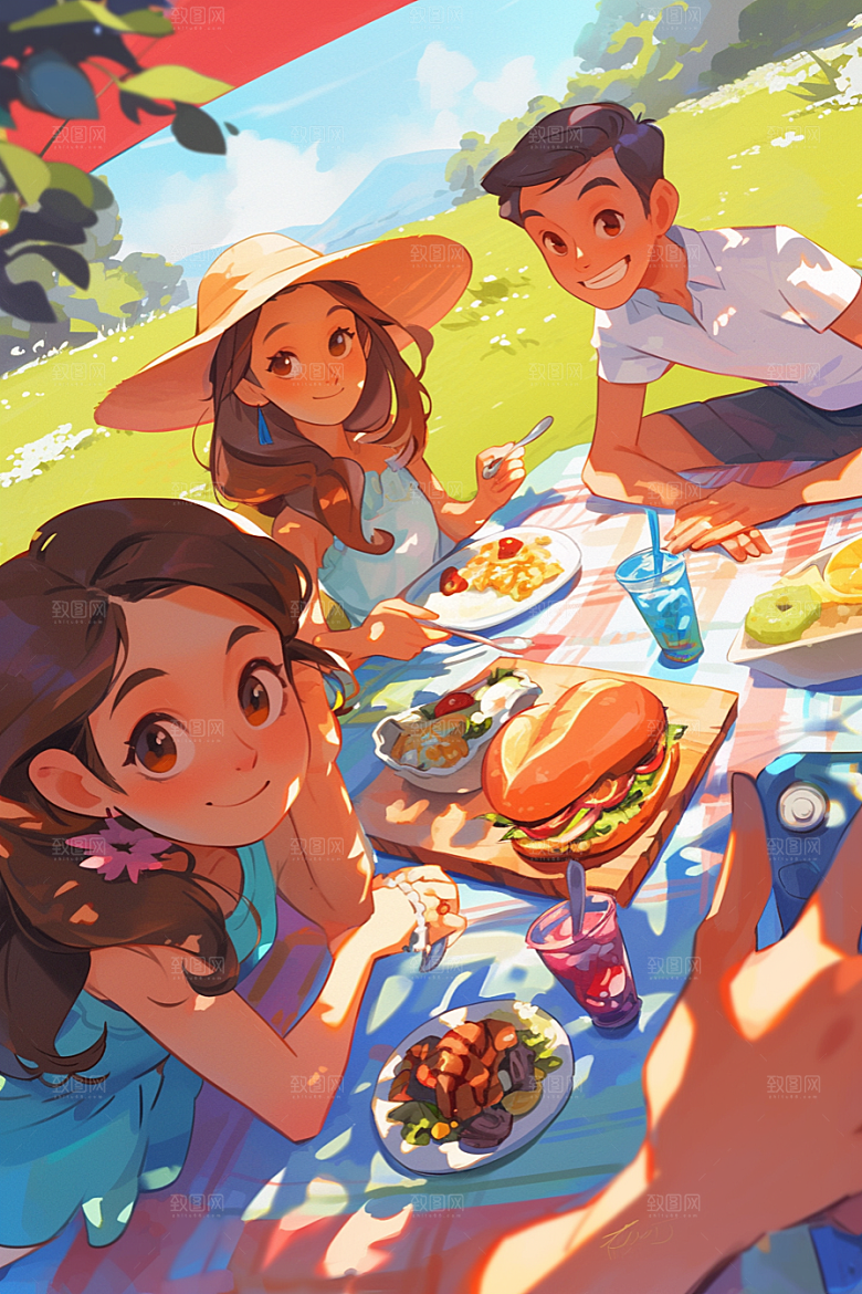 夏日聚会友情自拍插画
