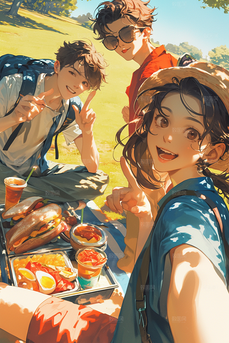 夏日聚会同学假日插画