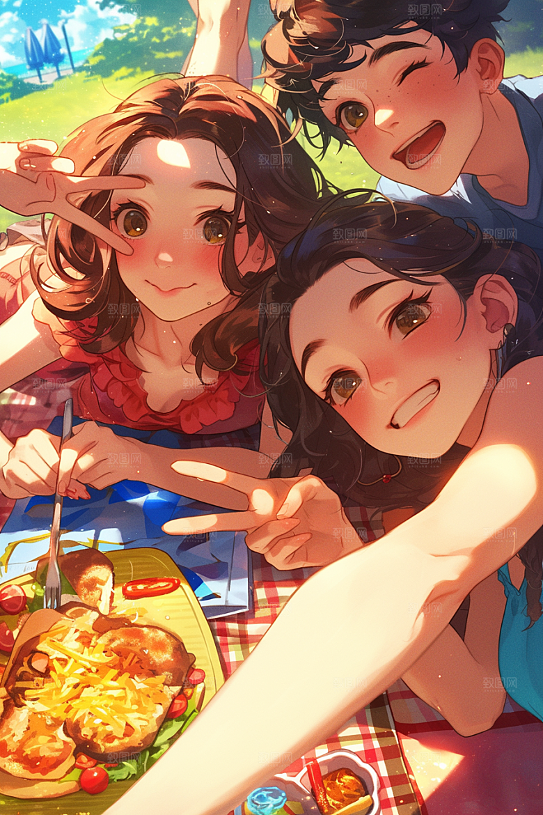 夏日聚会友谊自拍插画