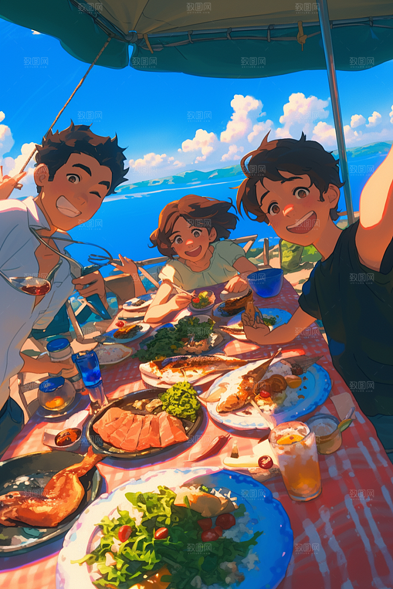 夏日聚会手绘假日插画
