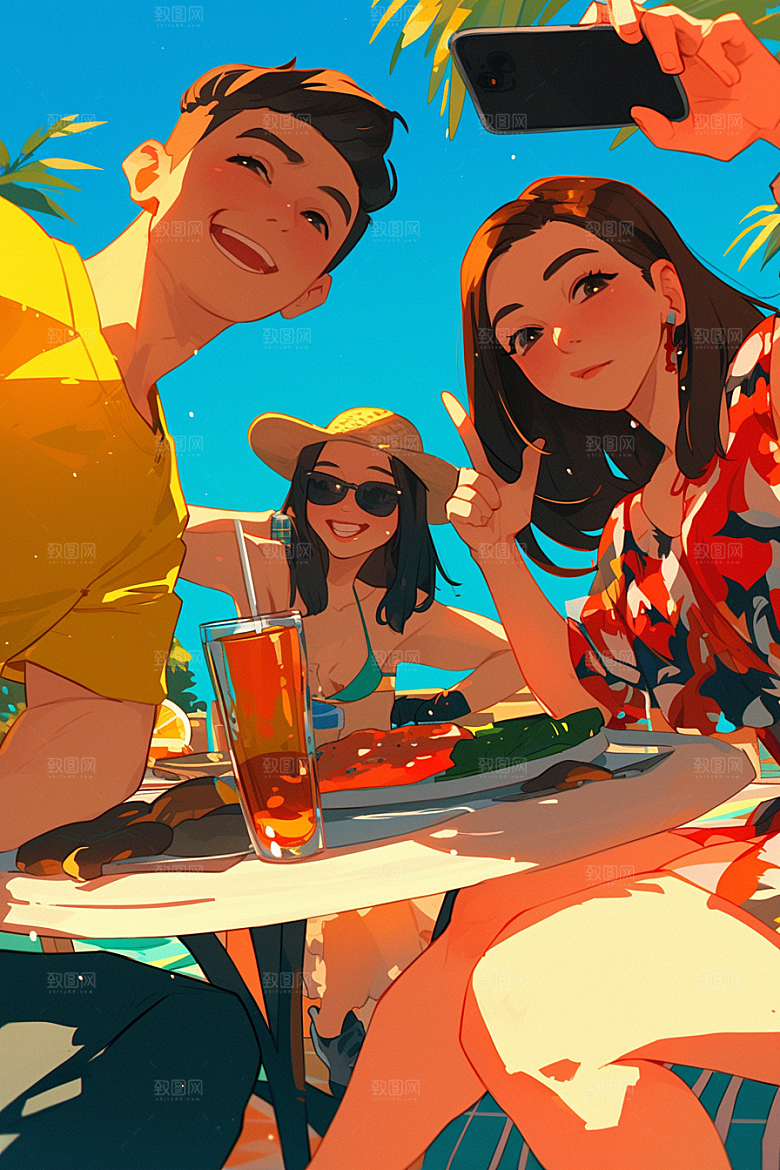 夏日聚会场景自拍插画