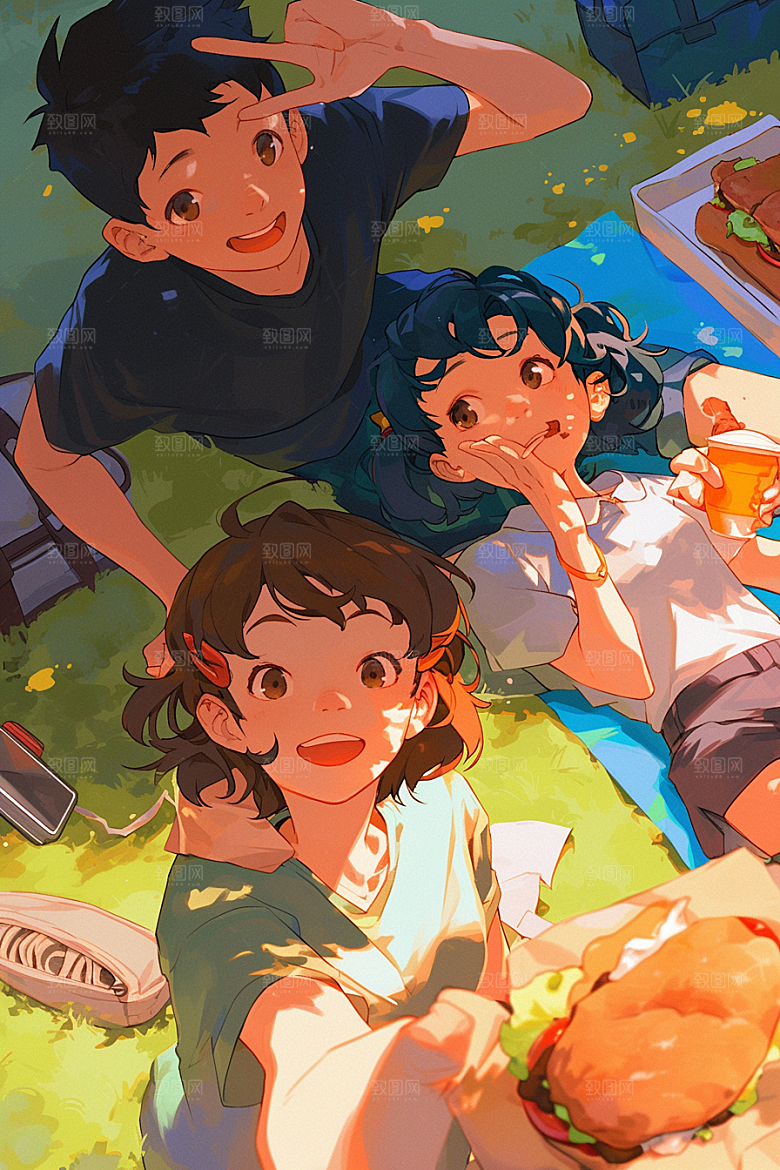 夏日聚会自拍发小插画