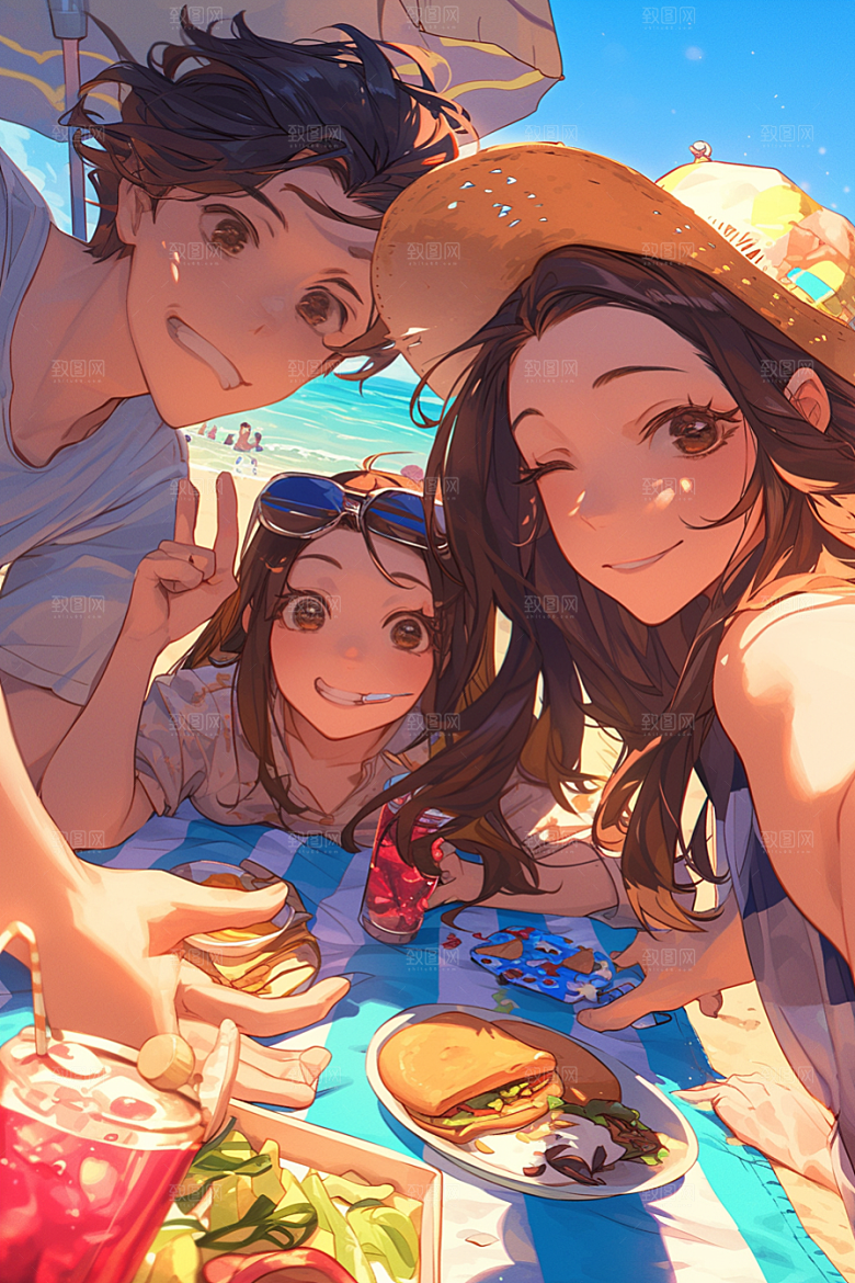 夏日聚会手绘友情插画