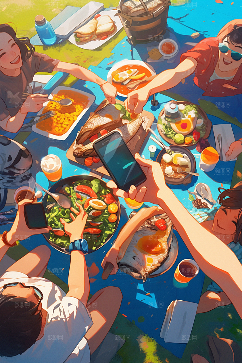 夏日聚会自拍友情插画