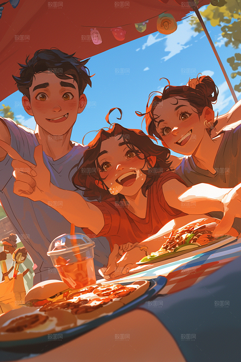 夏日聚会假日同学插画