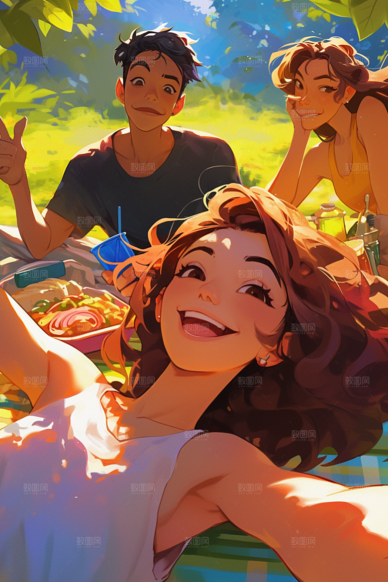 夏日聚会假日自拍插画
