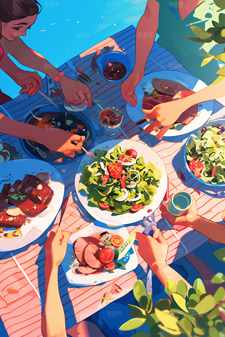 夏日聚会漫画风假日插画