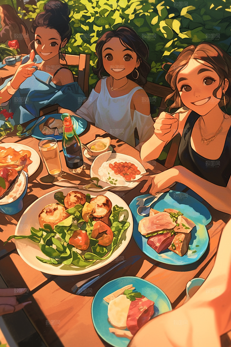 夏日聚会同学暑假插画