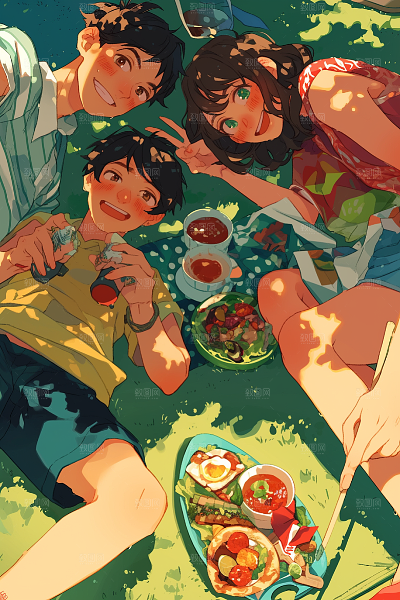 夏日聚会暑假同学插画