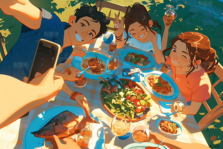 夏日聚会场景欢乐插画
