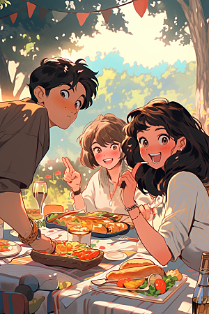 夏日聚会手绘漫画风插画
