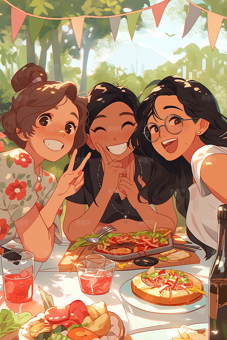 夏日聚会场景自拍插画