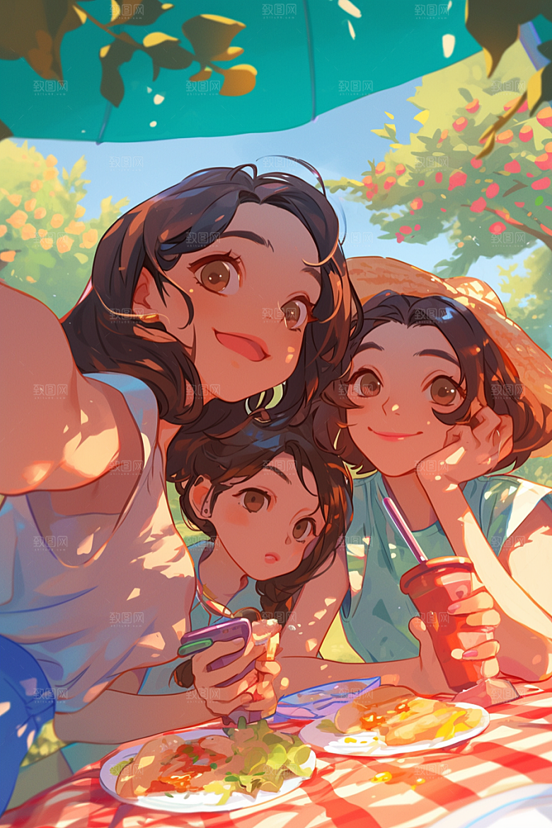 夏日聚会手绘漫画风插画