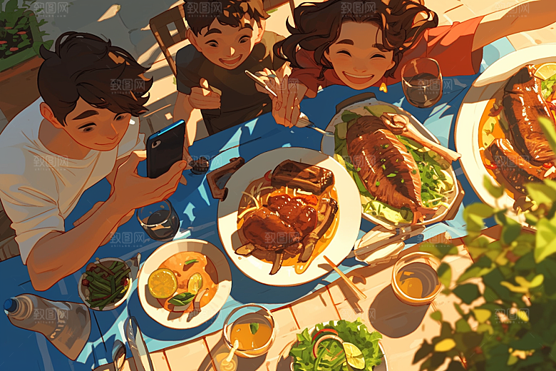 夏日聚会漫画风场景插画