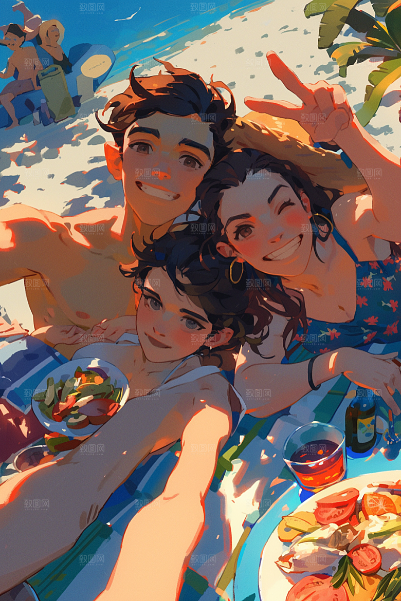 夏日聚会自拍手绘插画