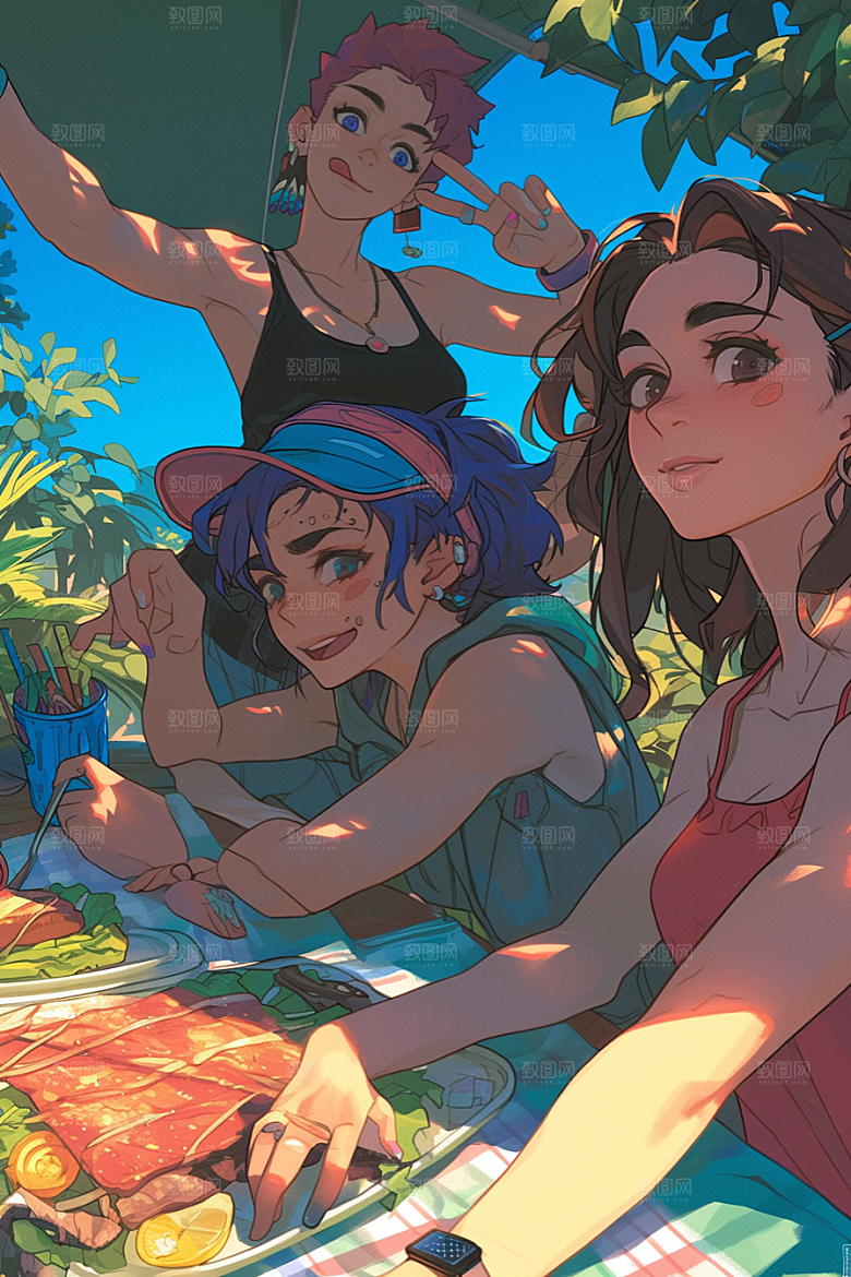 夏日聚会手绘漫画风插画