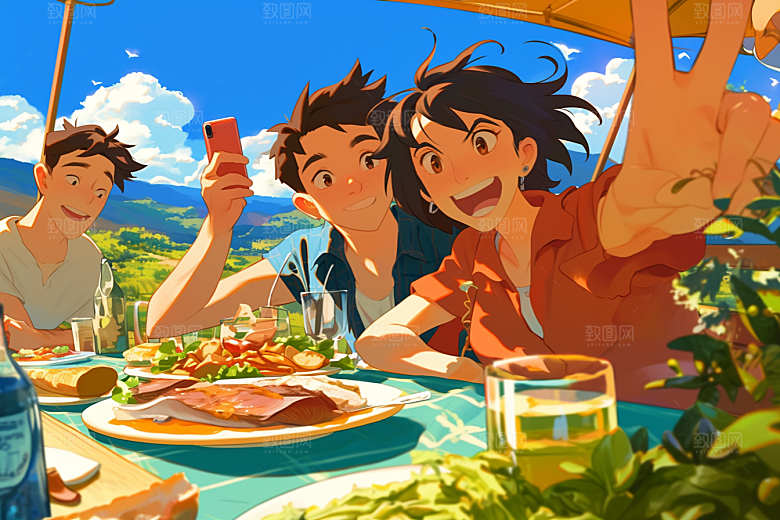 夏日聚会友谊自拍插画