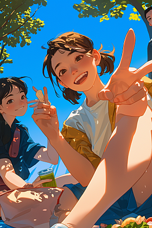 夏日聚会手绘漫画风插画