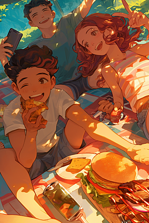 夏日聚会暑假友情插画