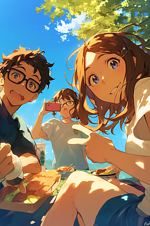 夏日聚会同学手绘插画