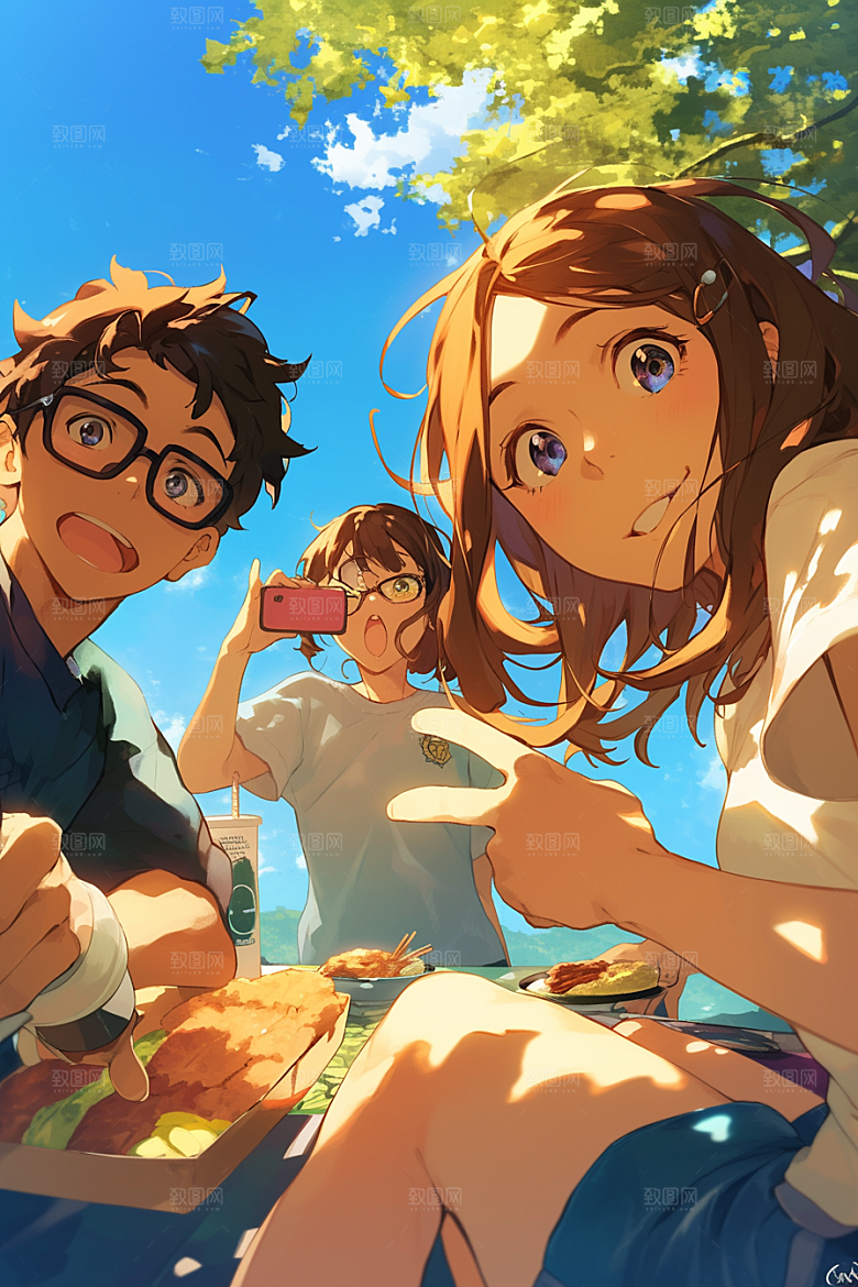 夏日聚会同学手绘插画