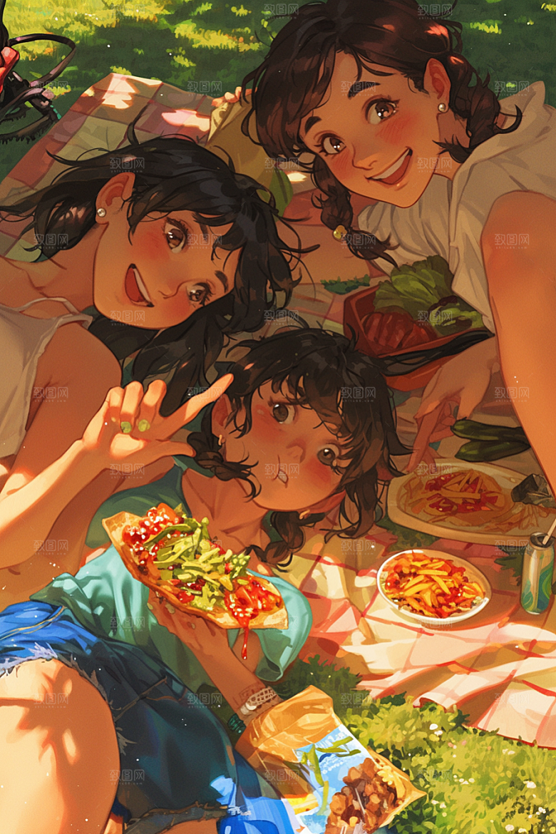 夏日聚会自拍同学插画